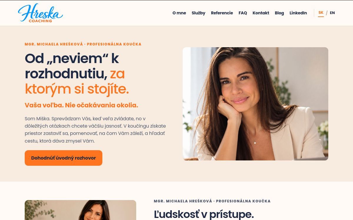 Náhľad úvodnej stránky návrhu Hreska Coaching